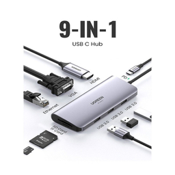 هاب 3 پورت Type C به 3.0 USB با یک پورت HDMI و VGA و LAN و درگاه کارت حافظه و قابلیت PD یوگرین مدل CM179