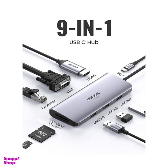 هاب 3 پورت Type C به 3.0 USB با یک پورت HDMI و VGA و LAN و درگاه کارت حافظه و قابلیت PD یوگرین مدل CM179