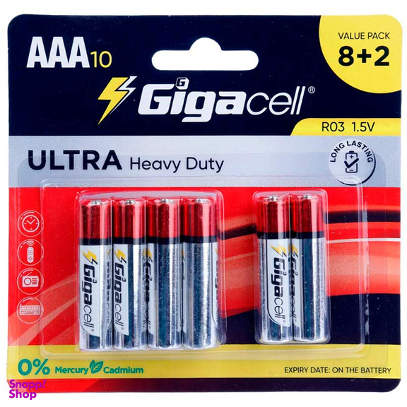 باتری نیم قلمی گیگاسل مدل Ultra Heavy Duty R03 1.5V AAA بسته 2+8 عددی