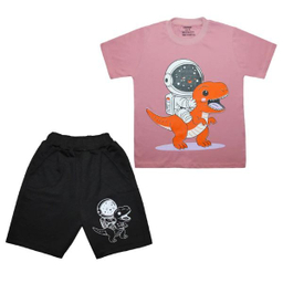ست تیشرت و شلوارک پسرانه چیندکا مدل دایناسور و فضانورد کد 1000 رنگ صورتی چرک