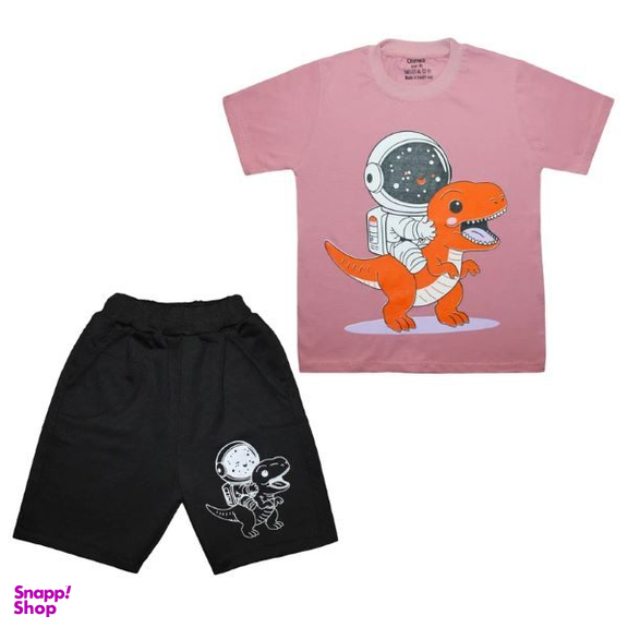 ست تیشرت و شلوارک پسرانه چیندکا مدل دایناسور و فضانورد کد 1000 رنگ صورتی چرک