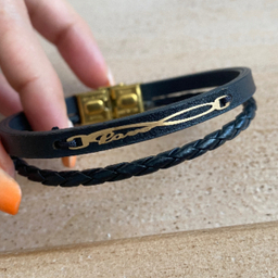 دستبند چرم و طلا 18 عیار مردانه طرح ابزار