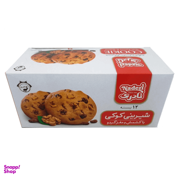 شیرینی کوکی با کشمش و مغز گردو نادری وزن 35 گرم بسته 12 عددی