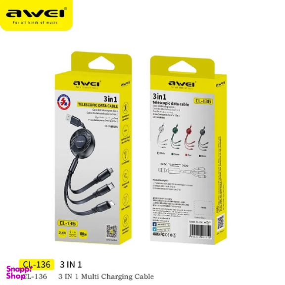 کابل دیتا USB به MicroUSB/Lightning/Type-C اوی مدل Awei CL136 طول 1 متر