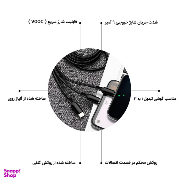 کابل تبدیل USB به MicroUSB / USB-C / لایتنینگ پاواریال مدل DC-03 طول 1.2 متر
