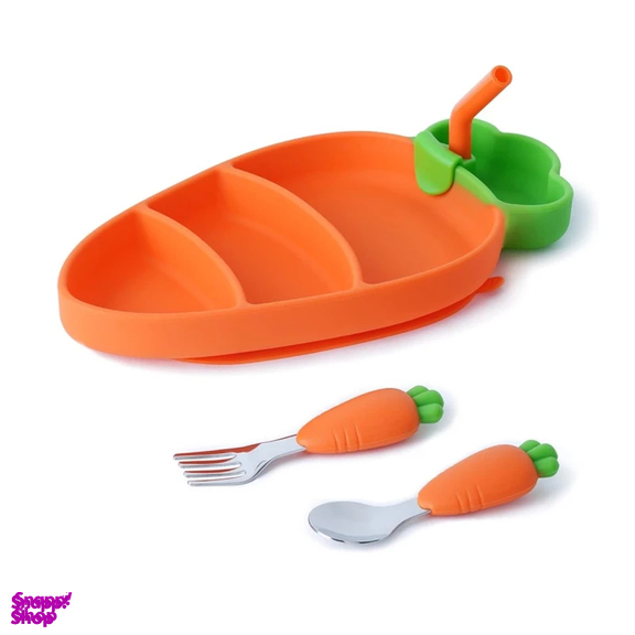 ست ظرف غذا و قاشق و چنگال کودک طرح هویج بسته 5 عددی