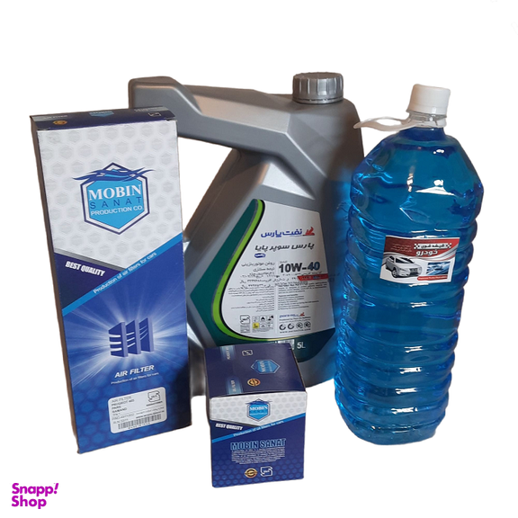 پک روغن موتور پارس سوپر پایا 5 لیتری و فیلتر روغن و هوای مبین و شیشه شوی خودرو مناسب سمند EF7 مجموعه 4 عددی