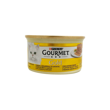 کنسرو غذای تر گربه گورمت مدل پته با تکه های مرغ و هویج و کدو سبز کد 21056 وزن 85 گرم