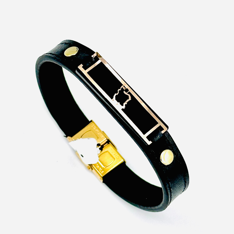 دستبند چرم و طلا 18 عیار مردانه مدل ایران کد 7008