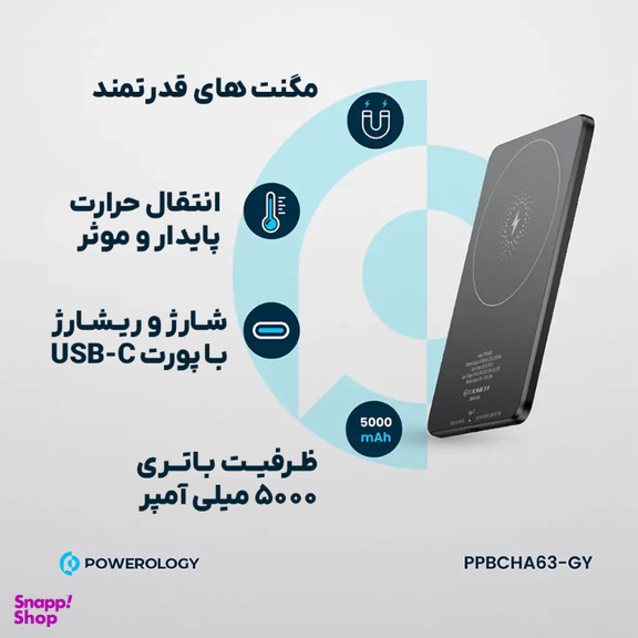 پاوربانک مغناطیسی پاورولوژی کد PPBCHA63 ظرفیت 5000 میلی آمپر ساعت