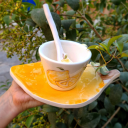 لیوان و زیر لیوانی سرامیکی طرح لیمو مجموعه ۳ عددی