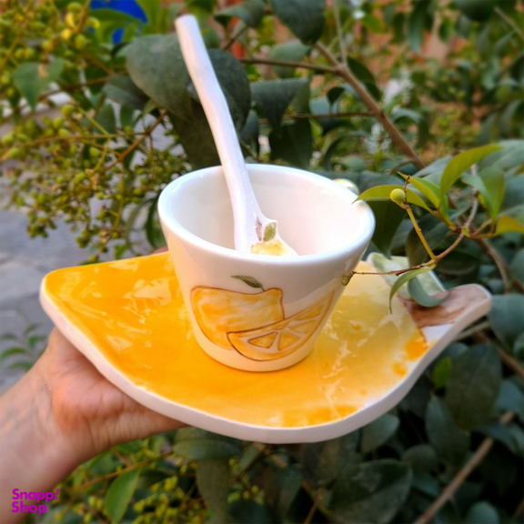 لیوان و زیر لیوانی سرامیکی طرح لیمو مجموعه ۳ عددی