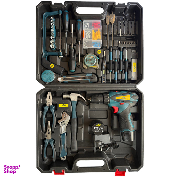 پیچ گوشتی چکشی شارژی 128 ولت جاب مدل JB-128 NetliX مجموعه 205 عددی