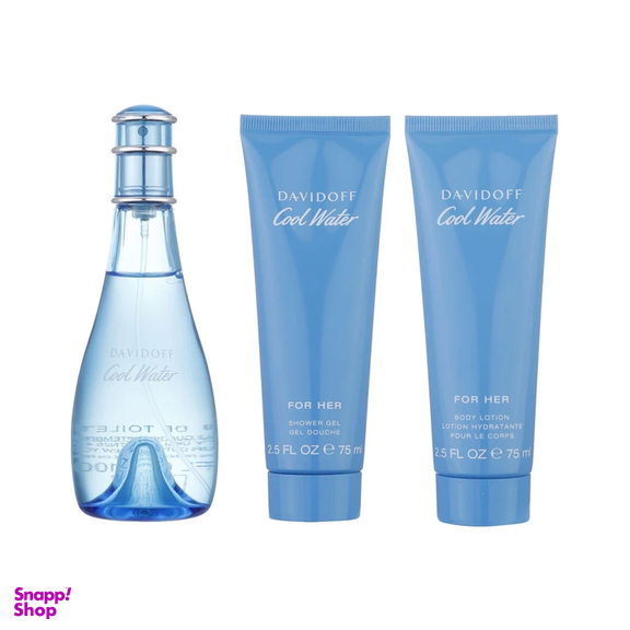 ست ادو پرفیوم زنانه دیویدف مدل Cool Water حجم 100 میلی لیتر به همراه لوسیون بدن زنانه دیویدف مدل Cool Water حجم 75 میلی لیتر و شامپو بدن زنانه دیویدف مدل Cool Water حجم 75 میلی لیتر