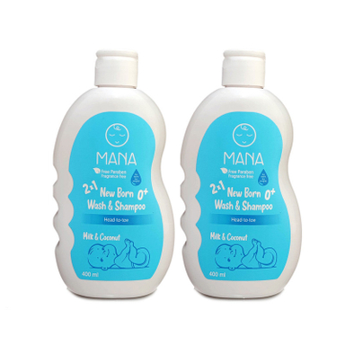 شامپو سر و بدن بچه مانا مدل پروتئین شیر روغن نارگیل حجم 800 میلی لیتر مجموعه 2 عددی