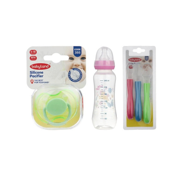 شیشه شیر بیبی لند مدل 241 حجم 200 میلی لیتر به همراه قاشق بیبی لند مدل 286 و پستانک ارتودنسی بیبی لند مدل 388 مجموعه 3 عددی