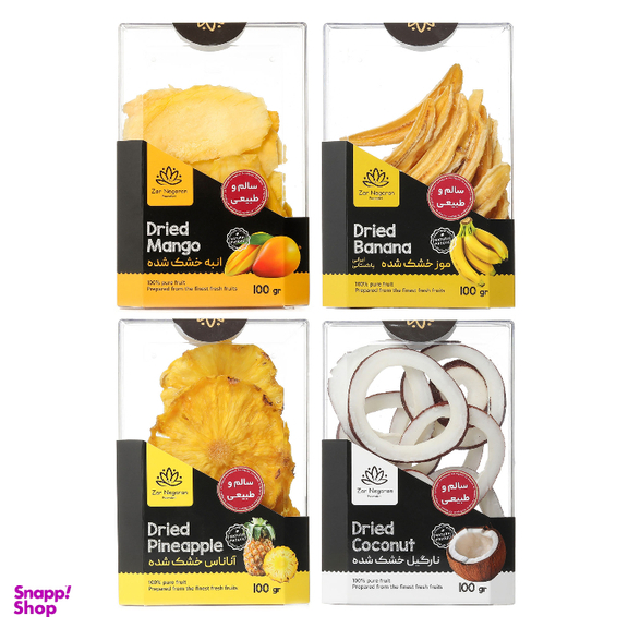 میوه‌ خشک زرنگاران طعم موز و نارگیل و آناناس و انبه وزن 400 گرم بسته 4 عددی