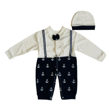 ست سرهمی و کلاه نوزاد مدل پسر بازیگوش کد 2514 رنگ سفید مشکی