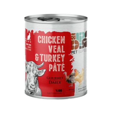 کنسرو غذای گربه بالغ دی پی اس مدل پته طعم مرغ و گوساله و بوقلمون وزن ۸۰۰ گرم