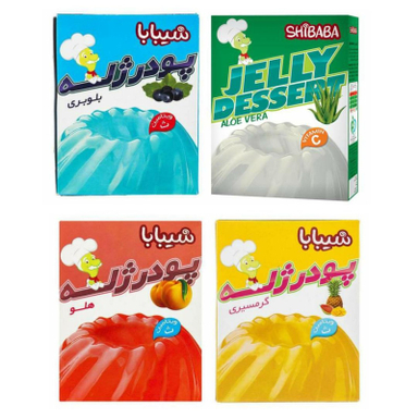 پودر ژله بلوبری و آلوئه ورا و هلو و میوه های گرمسیری شیبابا وزن 100 گرم مجموعه 4 عددی
