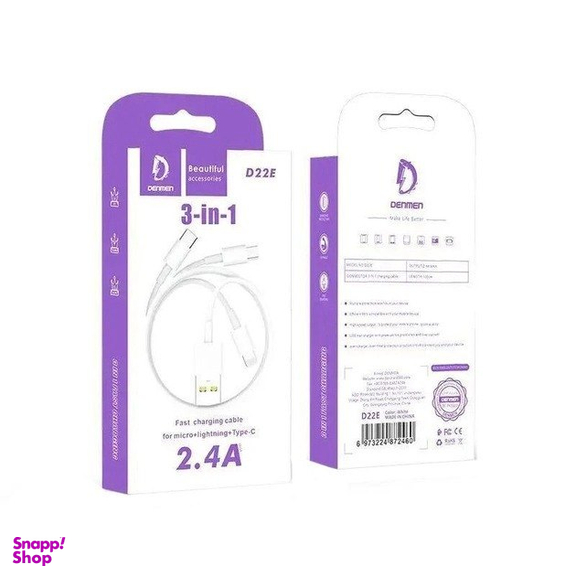کابل دیتا USB به Lightning/Type-C/MicroUSB دنمن مدل D22E طول 1 متر