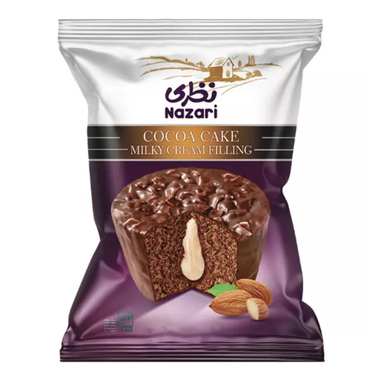 کیک روکش دار شکلاتی نظری با مغز کرم شیری و خلال بادام وزن 50 گرم