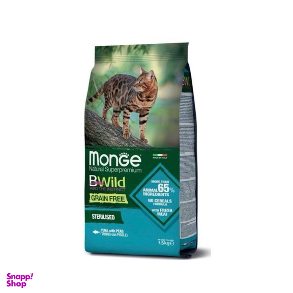 غذای خشک گربه بالغ مونژه مدل بی وایلد بدون غلات عقیم شده با طعم ماهی تن و نخود فرنگی وزن 1.5 کیلوگرم