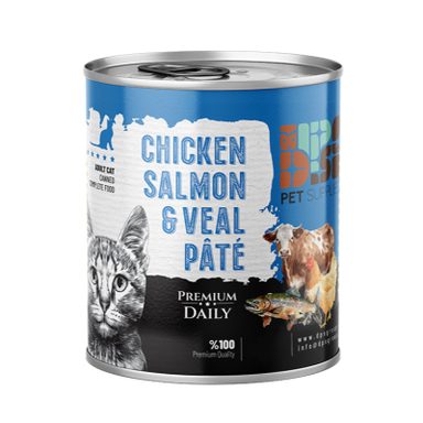 کنسرو غذای گربه بالغ دی پی اس مدل پته طعم مرغ و سالمون و گوساله وزن ۸۰۰ گرم