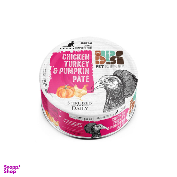 کنسرو غذای گربه بالغ دی پی اس مدل پته طعم مرغ و بوقلمون و کدو وزن 200 گرم