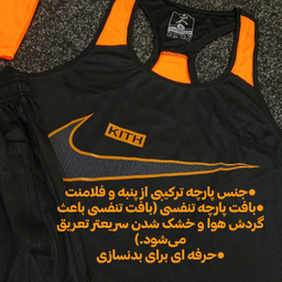 ست تاپ و شلوارک و اسکارف ورزشی مردانه طرح نایکی کد 1541 رنگ مشکی نارنجی