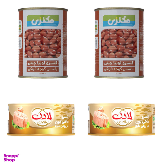 کنسرو لوبیا چیتی با سس گوجه فرنگی مکنزی وزن 380 گرم و کنسرو تن ماهی در روغن لادن وزن 180 گرم بسته 4 عددی