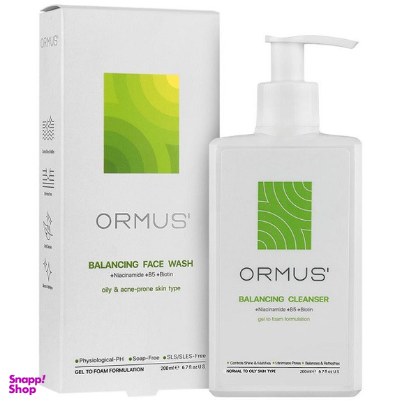 ژل شستشو صورت متعادل کننده پوست اورموس مدل نیاسینامد اسید آلاتوئین B5 مناسب پوست های چرب حجم 200 میلی لیتر