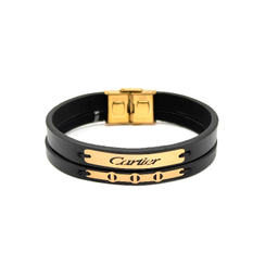 دستبند چرم و طلا ۱۸ عیار مردانه طرح کارتیه کد 15514