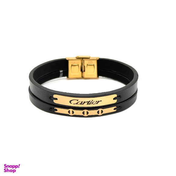 دستبند چرم و طلا ۱۸ عیار مردانه طرح کارتیه کد 15514