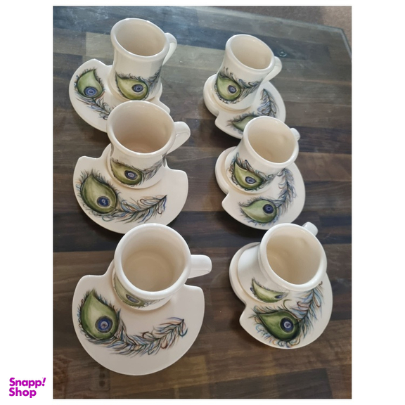 ست فنجان و نعلبکی سرامیکی طرح پر طاووس بسته ۶ عددی