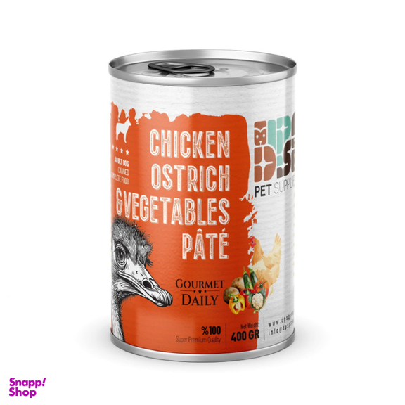 کنسرو غذای سگ دی پی اس مدل پته طعم مرغ و شترمرغ و سبزیجات وزن ۴۰۰ گرم