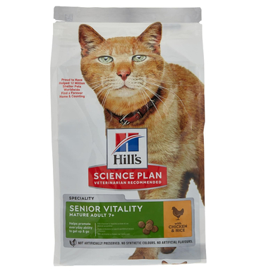 غذای خشک گربه بالای 7 سال هیلز مدل senior vitality طعم مرغ وزن 1.5 کیلوگرم