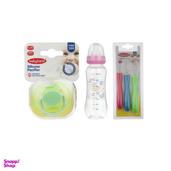 شیشه شیر بیبی لند مدل 241 حجم 200 میلی لیتر به همراه قاشق بیبی لند مدل 286 و پستانک ارتودنسی بیبی لند مدل 388 مجموعه 3 عددی
