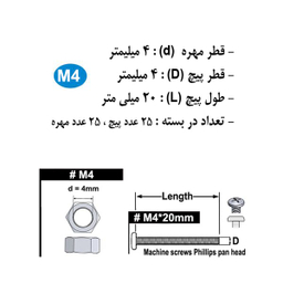 پیچ و مهره هامر مدل استوانه کد M4-20mm بسته 50 عددی