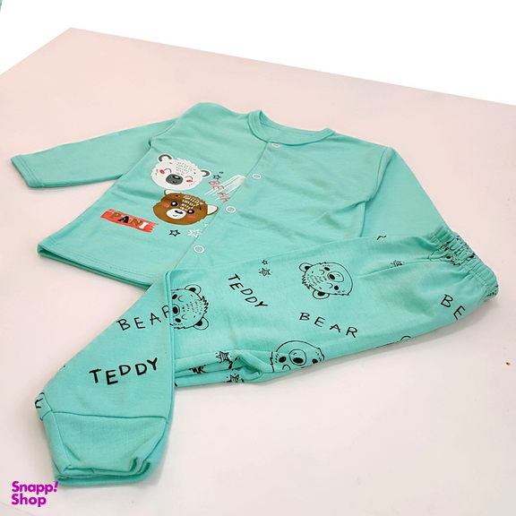 ست شومیز و شلوار نوزادی مدل خرس کد 3799 رنگ سبز آبی