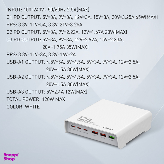 شارژر رومیزی 120وات الدینیو مدل HUB CHARGER Q605