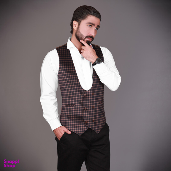 جلیقه مردانه مدل مخمل چهارخانه رنگ نسکافه ای