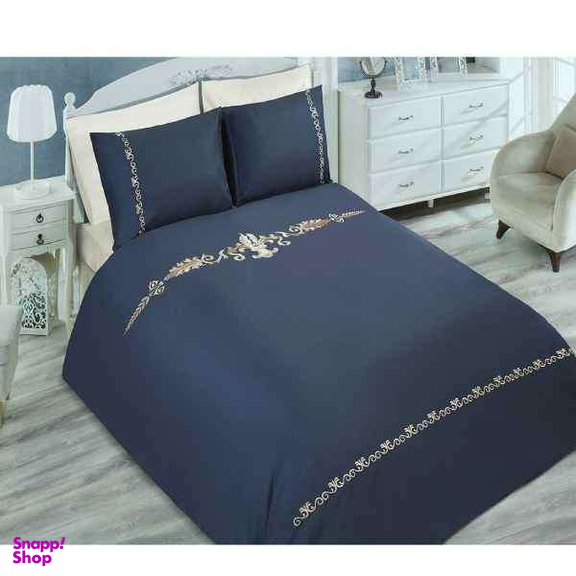 ست 7 تکه لحاف کاور دونفره گلدوزی شده رانفرس رزین تاژ طرح کتیبه رنگ طوسی تیره