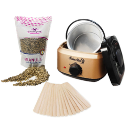 پک دستگاه موم گرم کن و ذوب وکس سولار استار مدل 601 به همراه وکس ژله ای مدل طلا وزن 1000 گرم و چوبک مدل 010 بسته 30 عددی