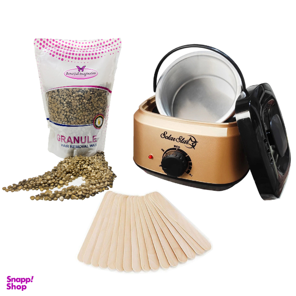 پک دستگاه موم گرم کن و ذوب وکس سولار استار مدل 601 به همراه وکس ژله ای مدل طلا وزن 1000 گرم و چوبک مدل 010 بسته 30 عددی