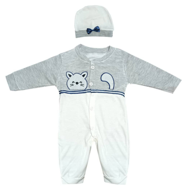 ست سرهمی و کلاه نوزاد مدل گربه بازیگوش رنگ طوسی