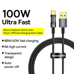 کابل دیتا 100 وات USB به Type-C بیسوس مدل Explorer Series Auto Power-Off طول 1 متر