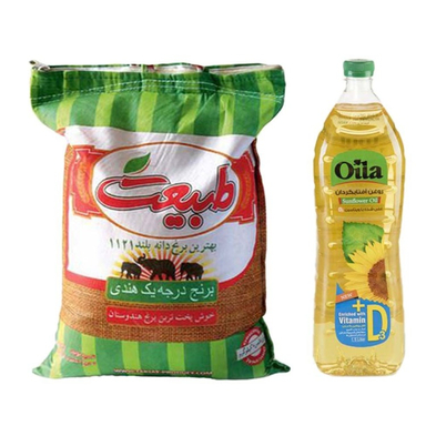 برنج درجه یک هندی طبیعت وزن 10 کیلوگرم به همراه روغن آفتابگردان اویلا حجم 1.5 لیتر