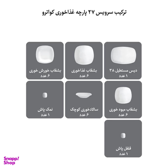 سرویس غذاخوری 27 پارچه چینی زرین ایران سری کواترو مدل وگاس اوریت درجه یک 6 نفره