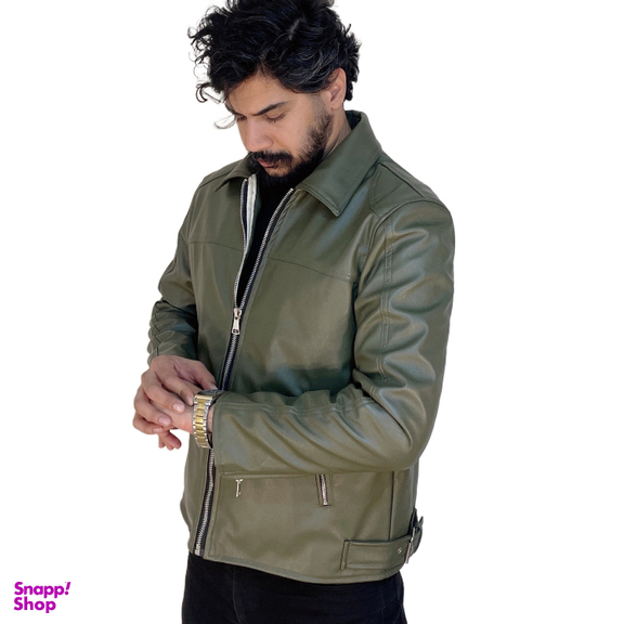 کاپشن چرم مردانه مدل کلاسیک رنگ سبز